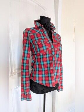 Hollister Red and Teal Plaid Button-Up Shirt
